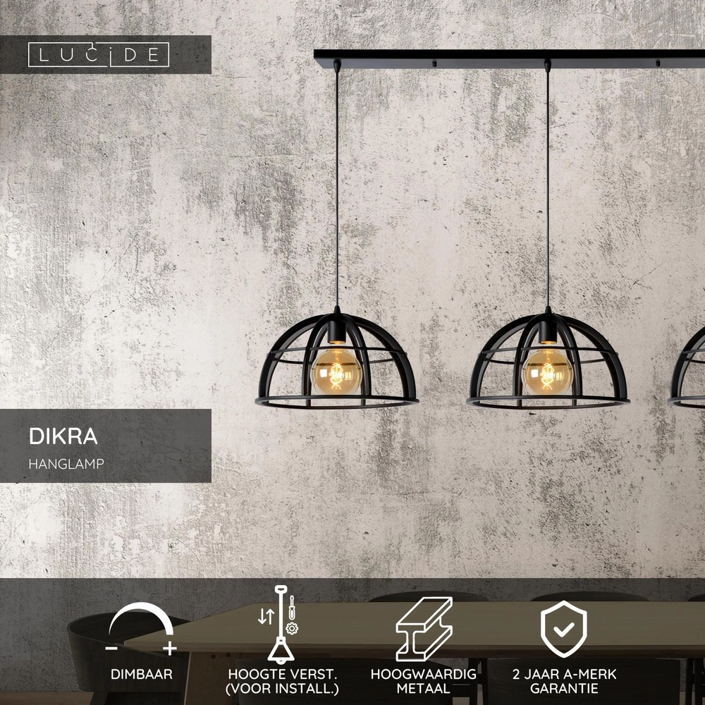 3-lichts hanglamp Dikra industrieel zwart Lucide 5411212761026