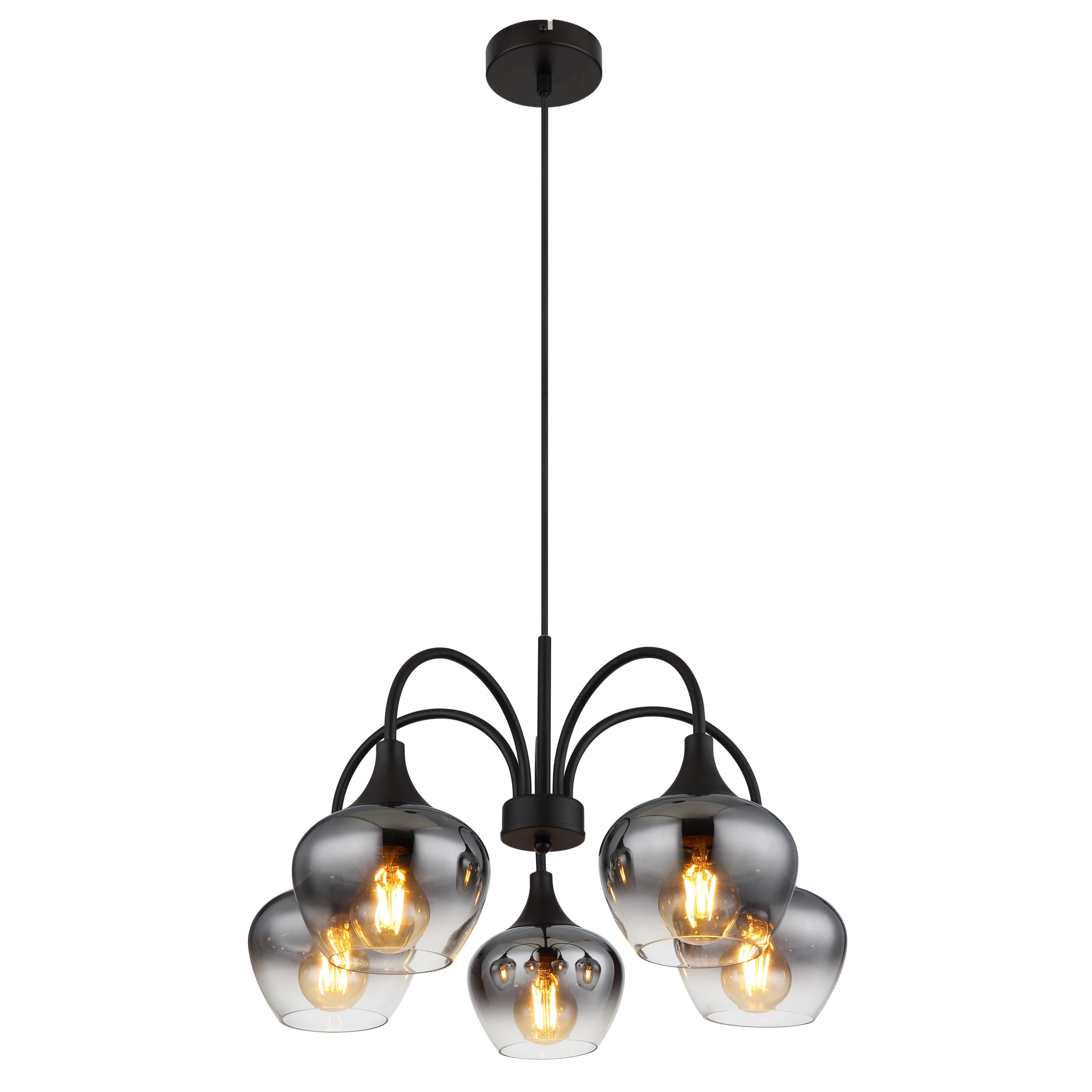 5-lichts hanglamp Maxy zwart met smoke glas