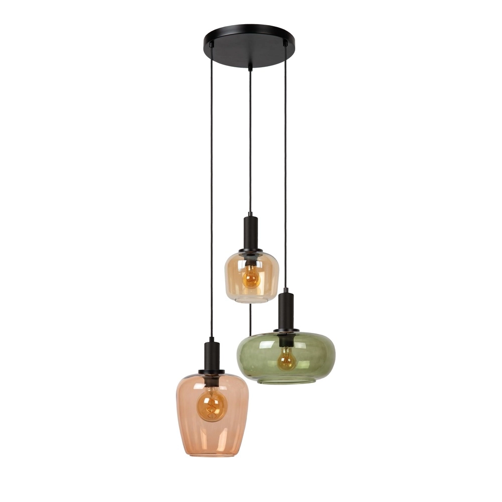 3-lichts hanglamp Ilona zwart met gekleurde glazen