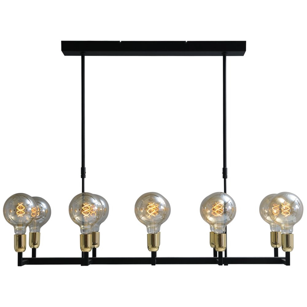 Zwarte eetkamer hanglamp Tube 10-lichts gouden fittingen Zwarte eetkamer hanglamp Tube 10-lichts gouden fittingen