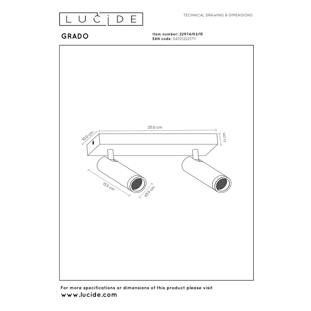 Strakke plafondlamp Grado 2-lichts metaalgrijs Lucide 5411212221711