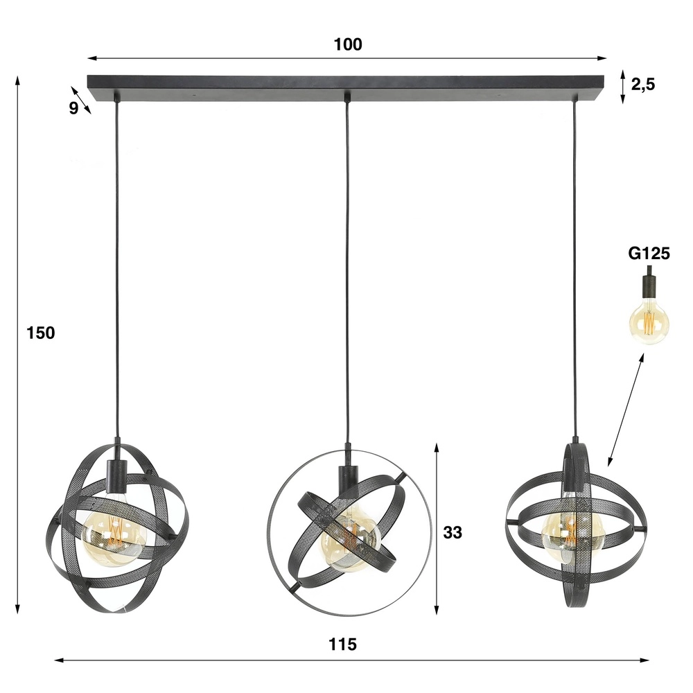 Zwarte bollen hanglamp Cosmos Ø 33cm - 3x E27 Lyora 8716803513402