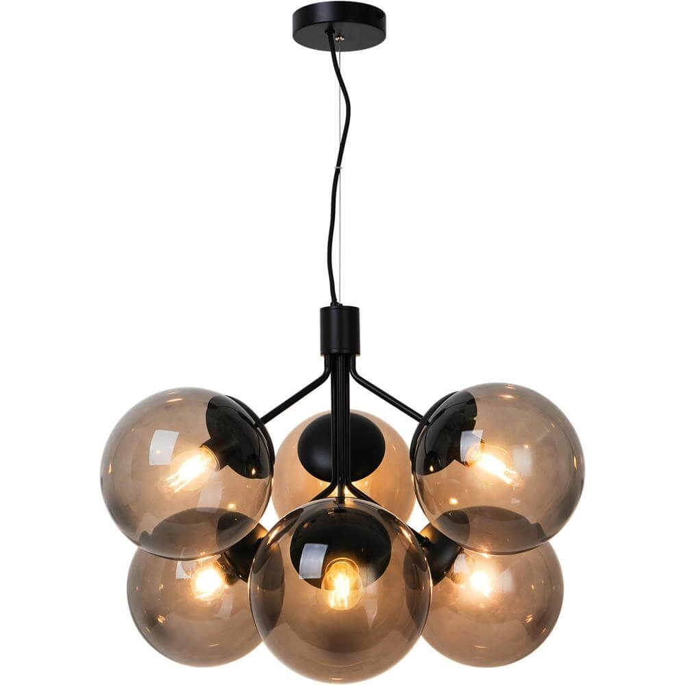 6-lichts hanglamp Ivona zwart met smoke glas