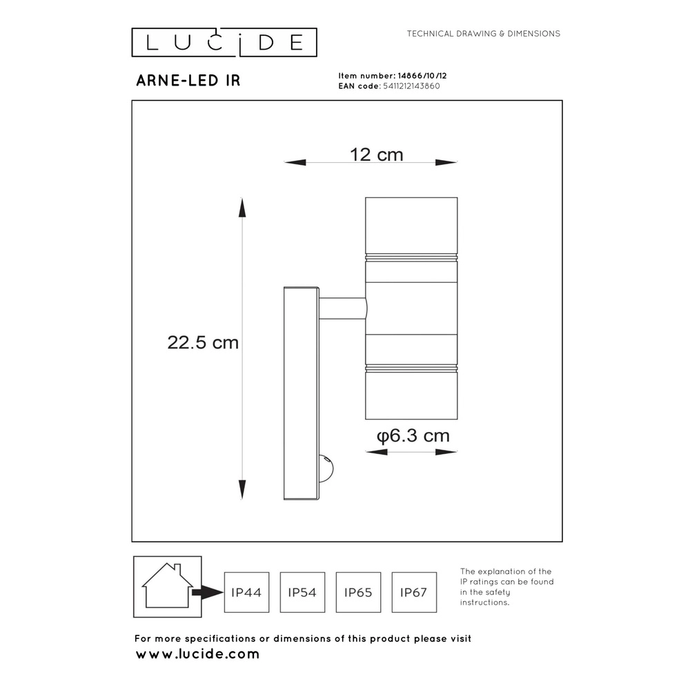Wandspot Arne-Led Ir up en down chroom met sensor Lucide 5411212143860