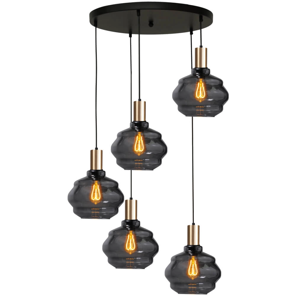 5-lichts vide hanglamp - goud - Porto met Ball smoke glazen - Ø 24cm 5-lichts vide hanglamp - goud - Porto met Ball smoke glazen - Ø 24cm