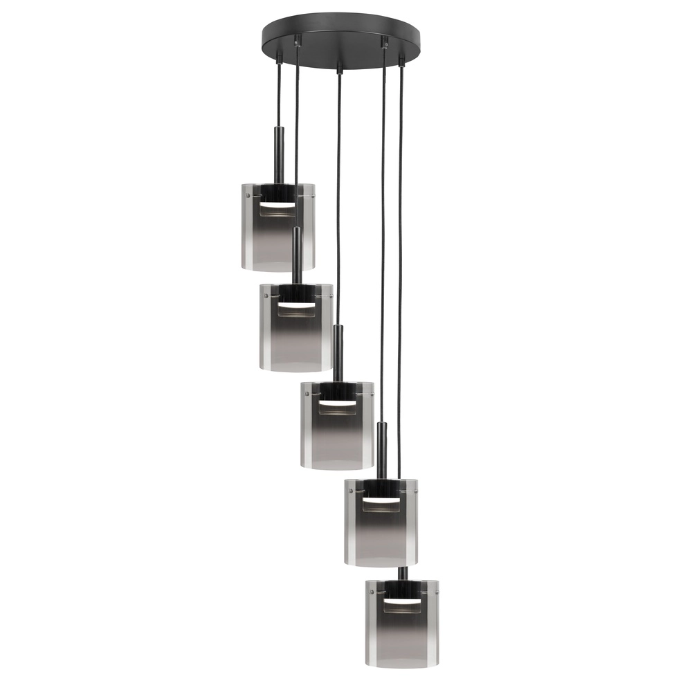 5-lichts hanglamp Salerno rond zwart met smoke glas