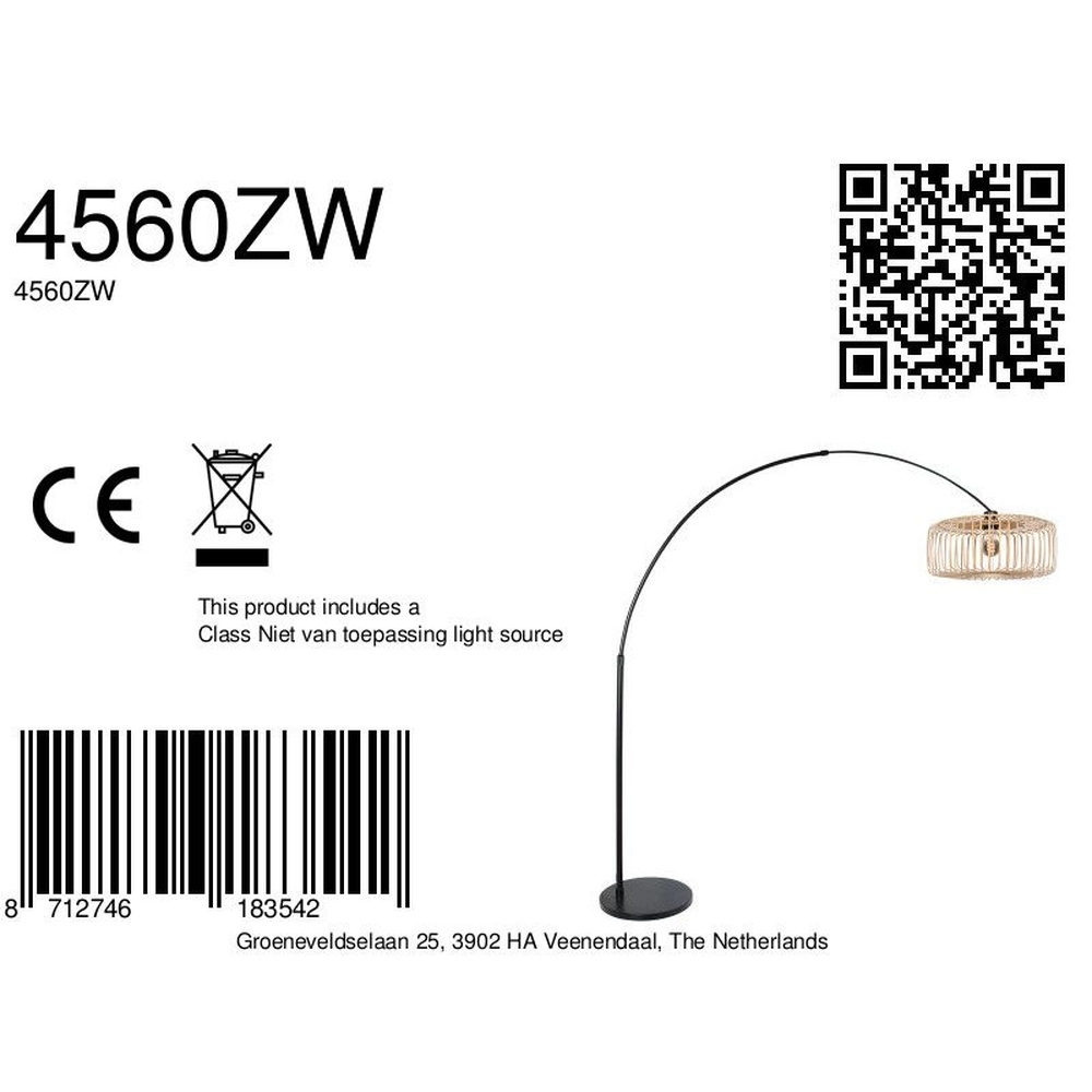 Booglamp Sparkled Light zwart en rotan kap Steinhauer 8712746183542