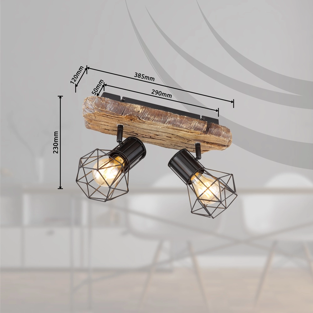 Plafondlamp Priska 2-lichts zwart met hout Globo 9007371442362