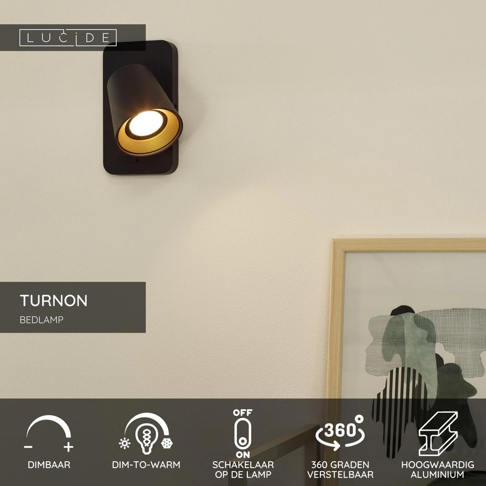 Bedlampje Turnon dim to warm zwart Lucide 5411212092502