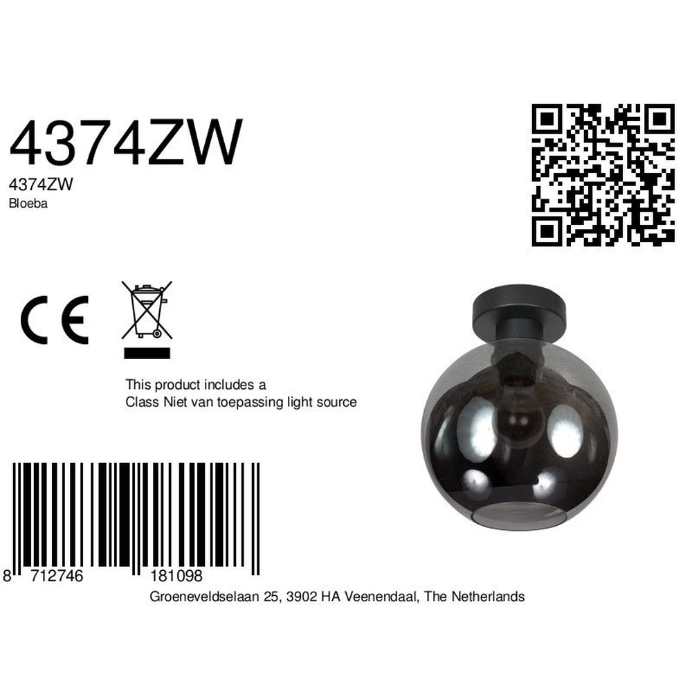 Plafondlamp Bloeba bol smoke glas Ø 20cm Steinhauer 8712746181098