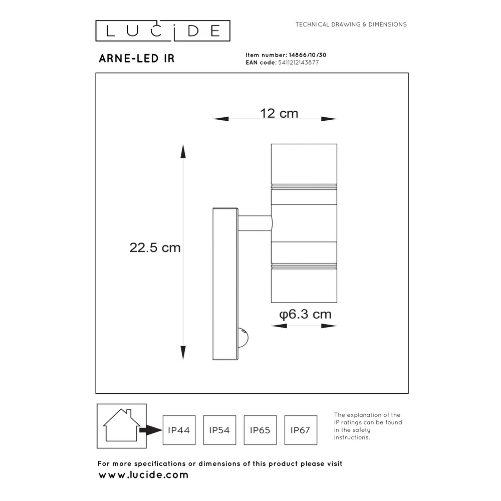 Wandspot Arne-Led Ir up en down zwart met sensor Lucide 5411212143877