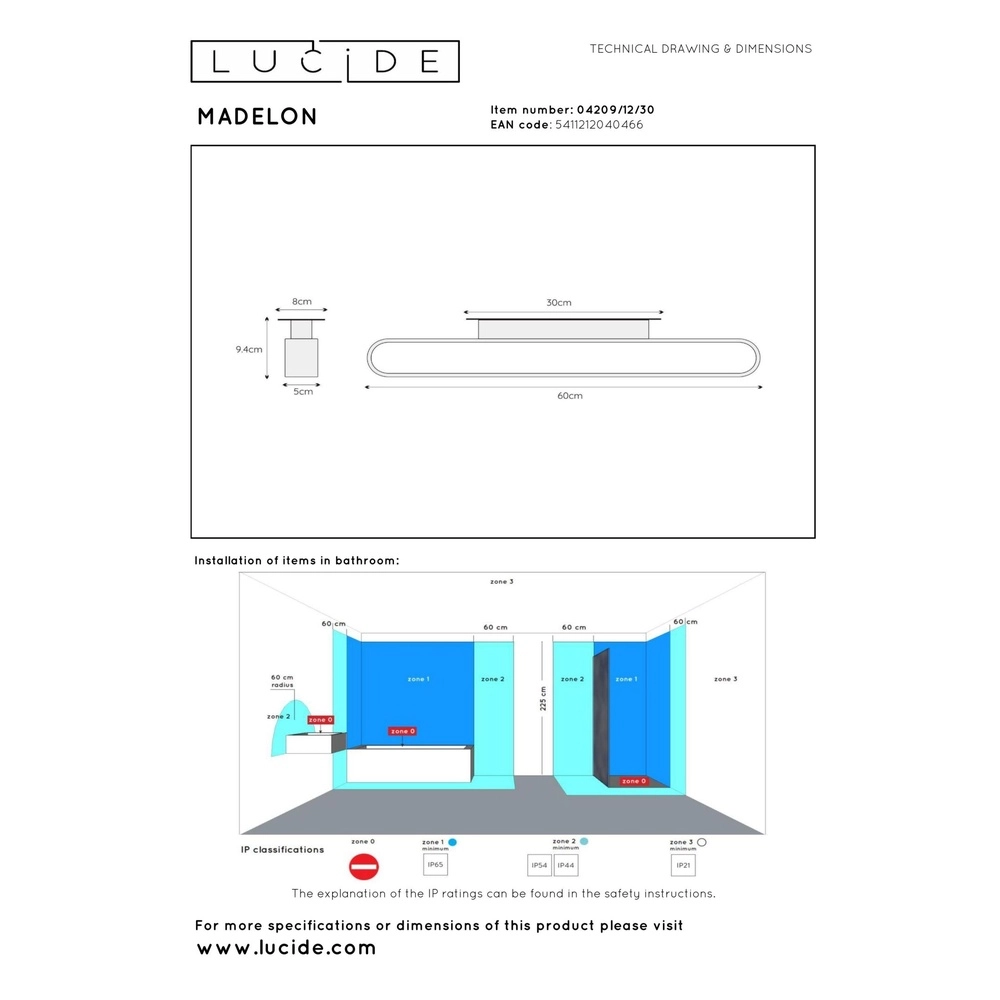 Wandlamp Madelon geschikt voor badkamer zwart Lucide 5411212040466