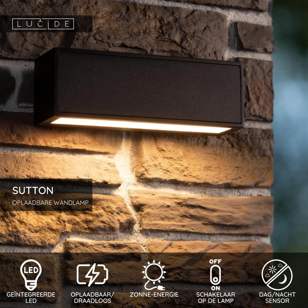 Strakke wandlamp Sutton zwart Lucide 5411212152084