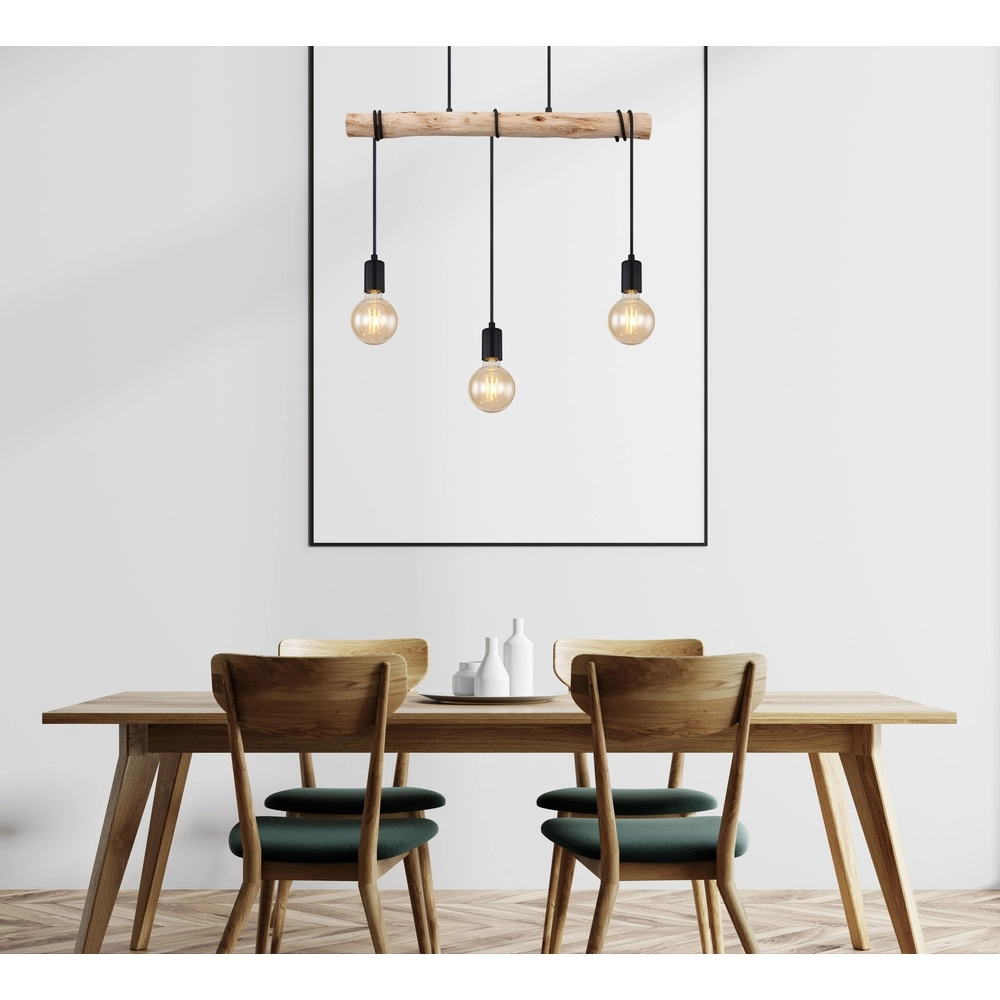 3-lichts eettafel hanglamp Gregor zwart met hout Globo 9007371436330