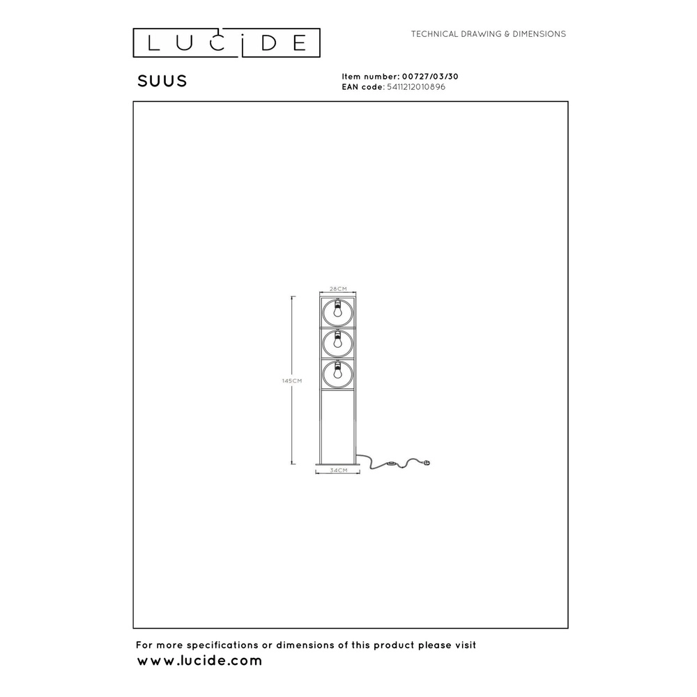 Unieke vloerlamp Suus 3-lichts zwart Lucide 5411212010896