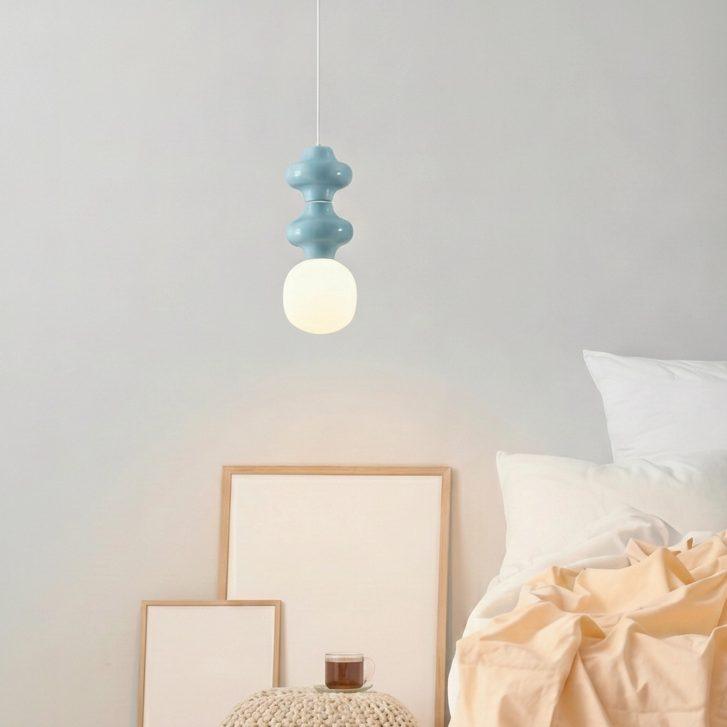 Hanglamp Clio M blauw keremiek met wit glas