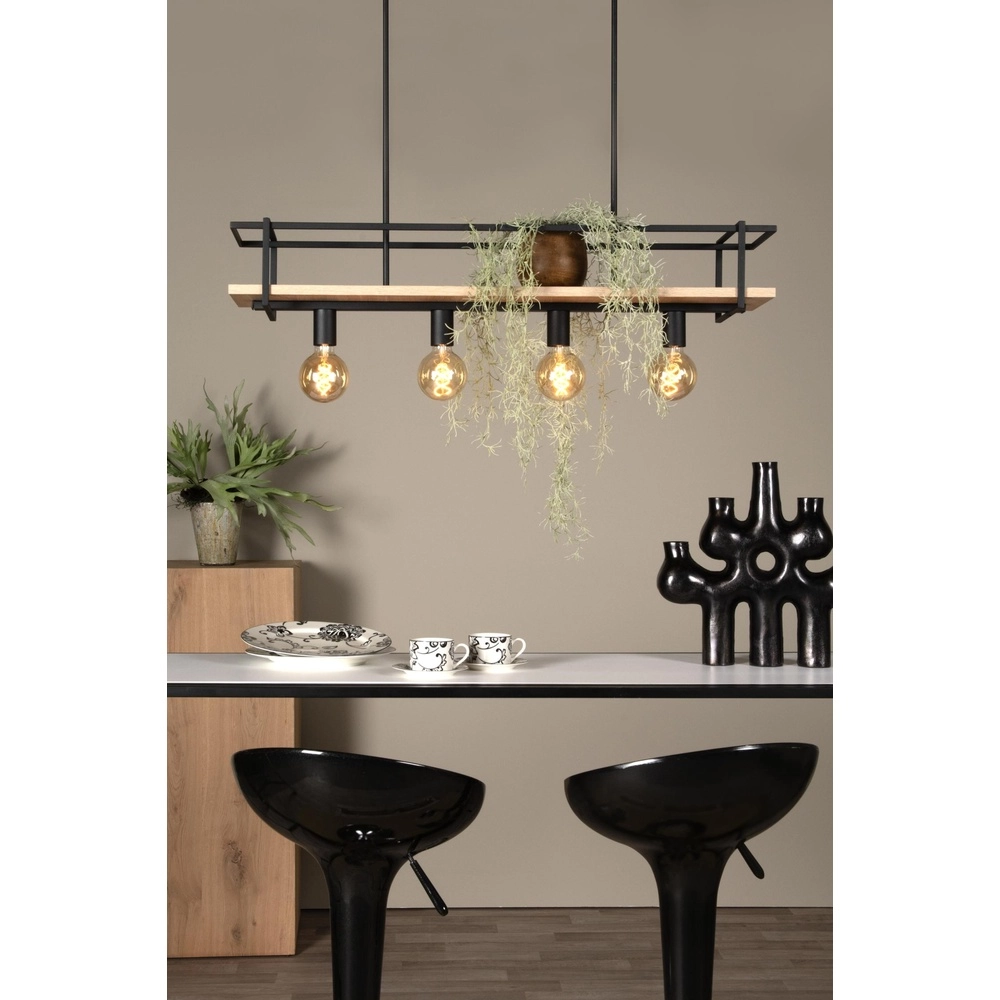4-lichts hanglamp Milonga zwart met hout Lucide 5411212211750