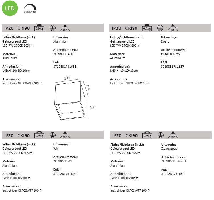 Zwarte ledspot Brock opbouw Artdelight 8719831731657