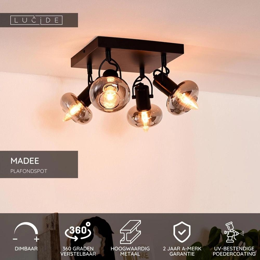 Plafondlamp Madee 4-lichts zwart Lucide 5411212176806