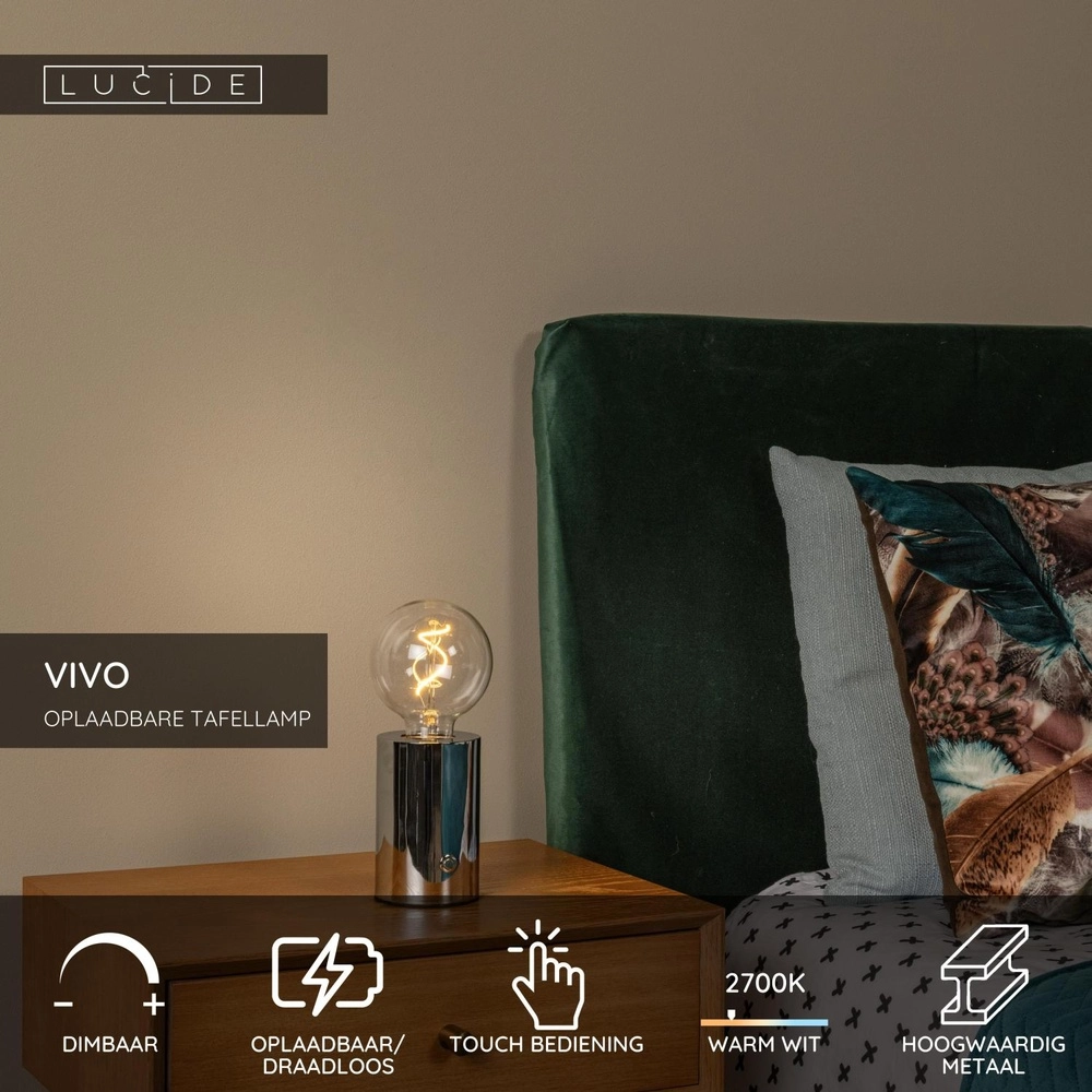 Oplaadbare tafellamp Vivo chroom Lucide 5411212520869