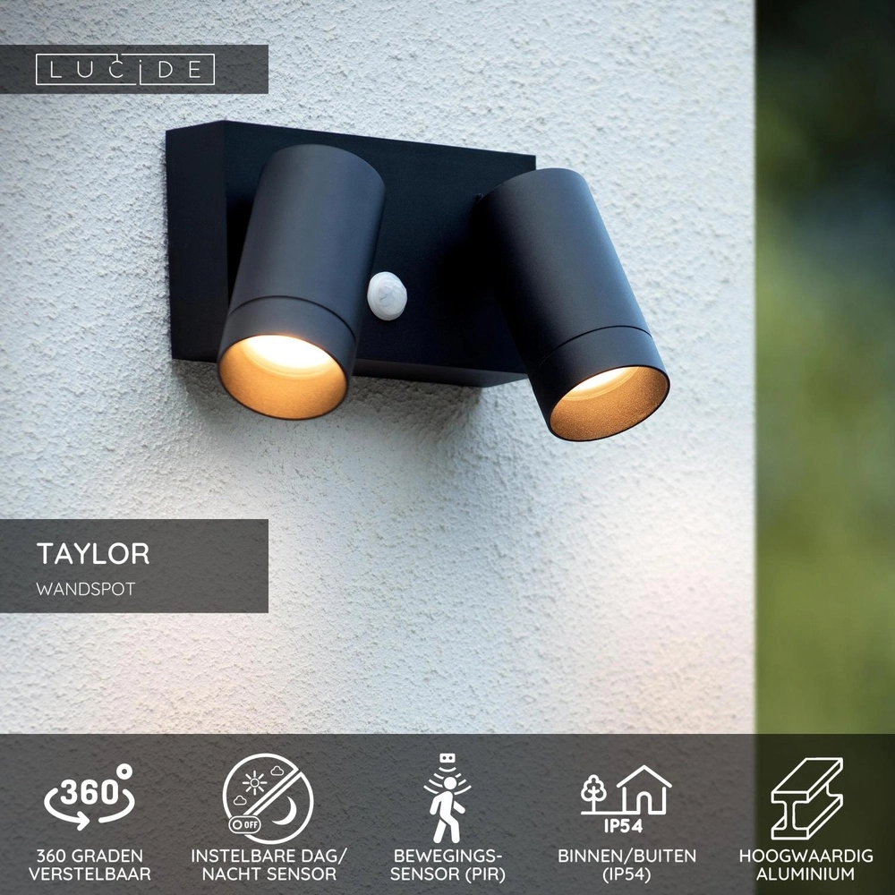 Wandspot Taylor IP54 dubbel met sensor zwart Lucide 5411212092717