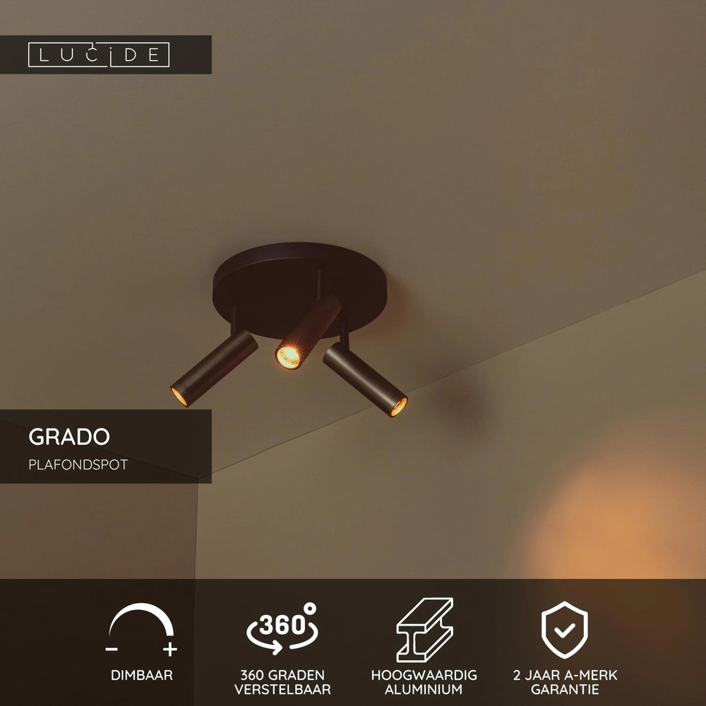 Strakke plafondlamp Grado 3-lichts metaalgrijs Lucide 5411212221735