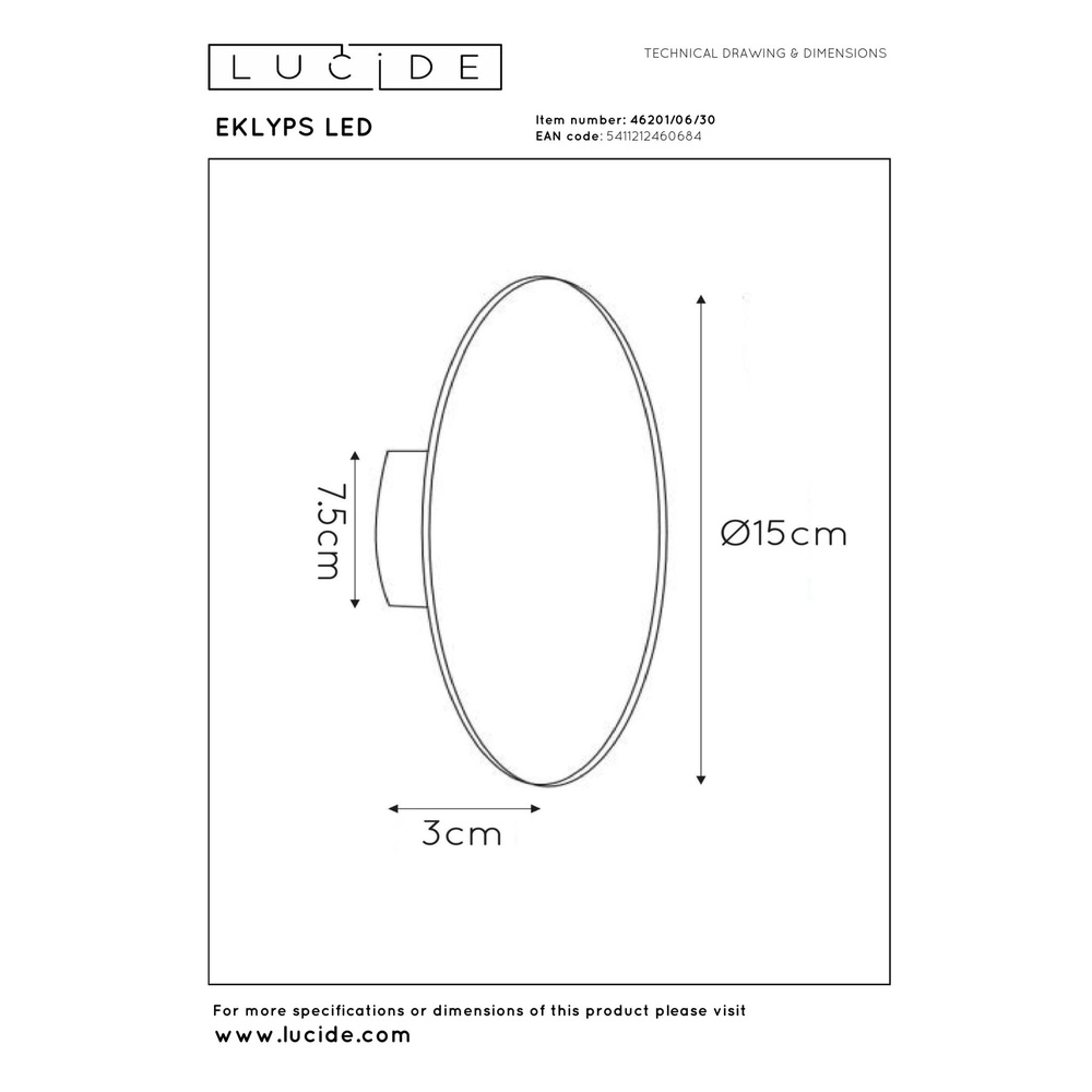 Design wandlamp Eklyps Led Ø 15cm zwart Lucide 5411212460684