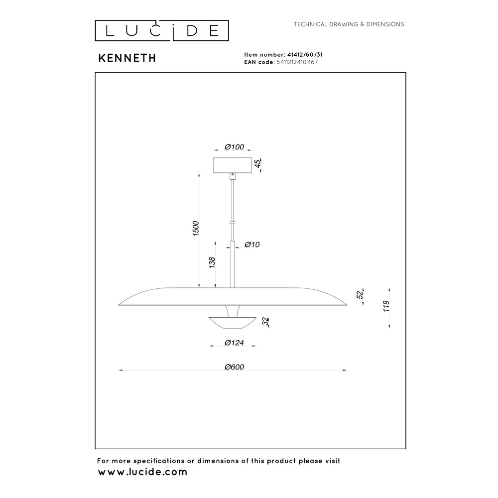 Design hanglamp Kenneth wit Ø 60cm Premium by Lucide 5411212410467