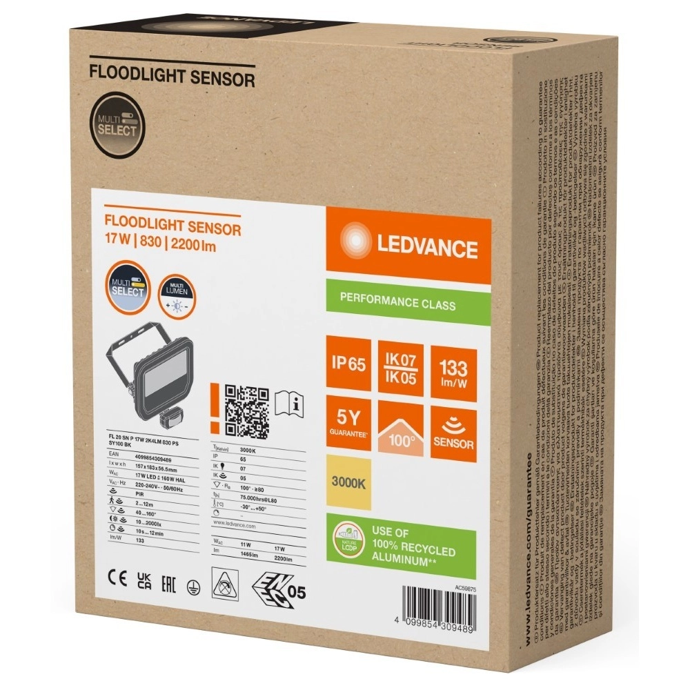 Schijnwerper Vance 17W - 3000K zwart met sensor Lyora 4099854309489