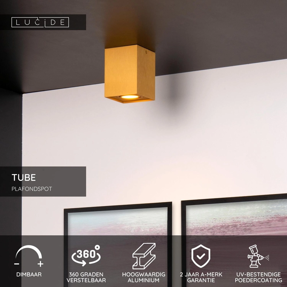Opbouw plafondspot Tube vierkant goud Lucide 5411212221490