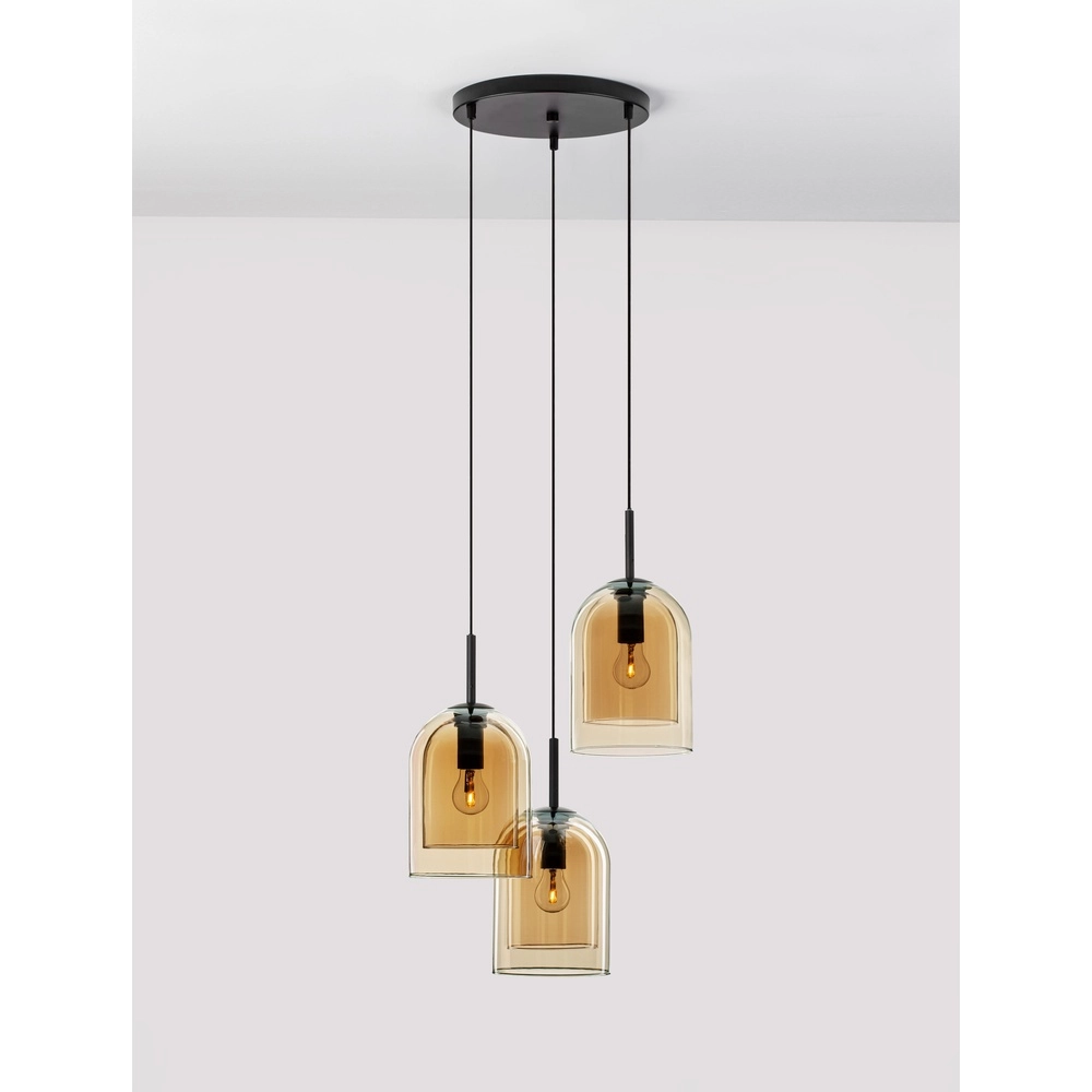 Hanglamp Velor 3-lichts zwart met amber glas rond