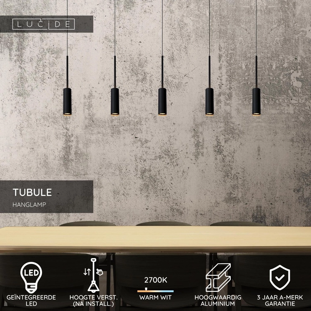 5-lichts design hanglamp Tubule zwart Lucide 5411212241870
