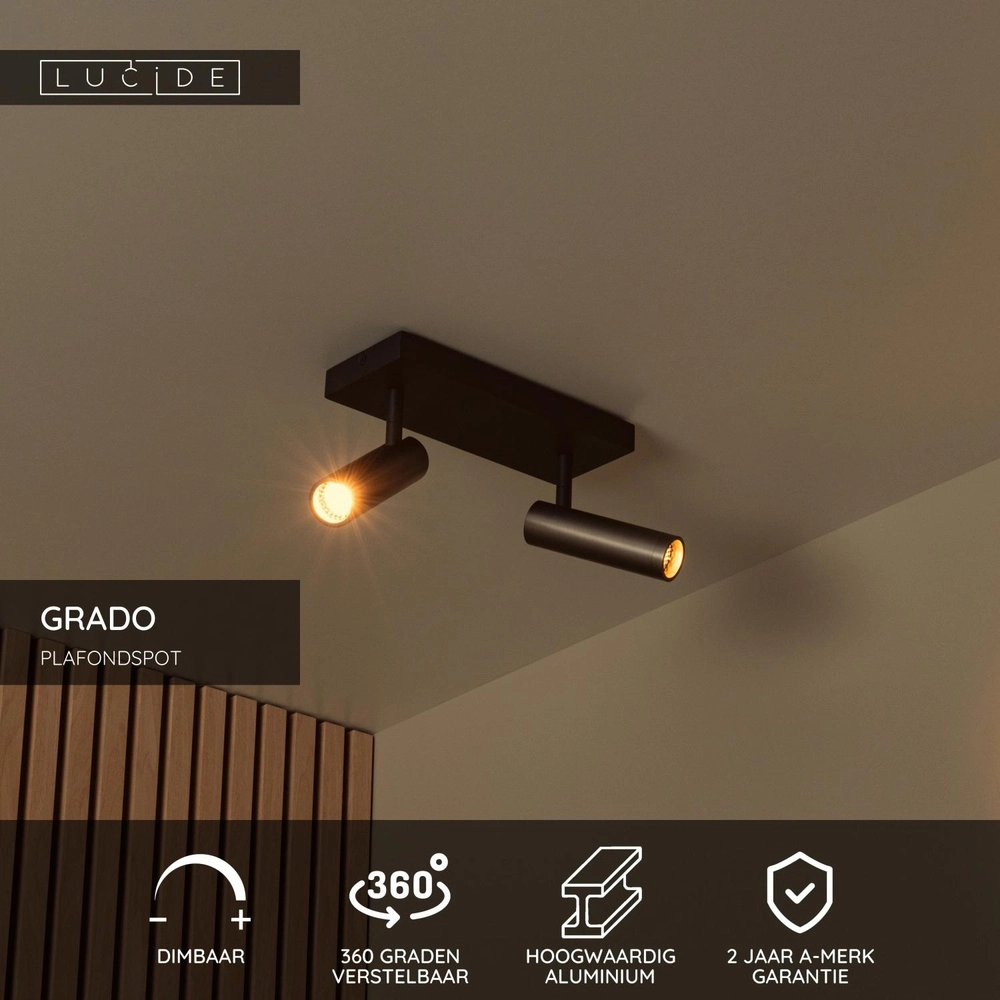 Strakke plafondlamp Grado 2-lichts metaalgrijs Lucide 5411212221711