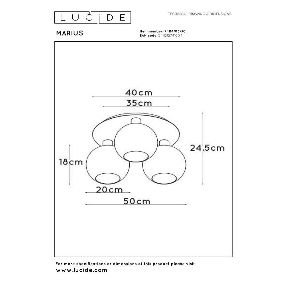 Plafondlamp Marius 3-lichts zwart Lucide 5411212741004