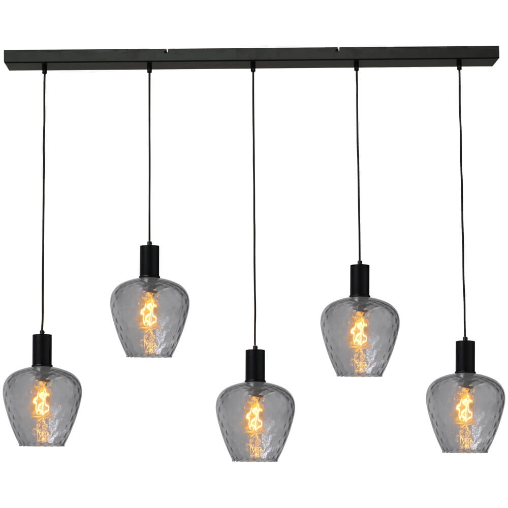 5-lichts hanglamp - zwart - Porto met Diamond smoke glazen 5-lichts hanglamp - zwart - Porto met Diamond smoke glazen