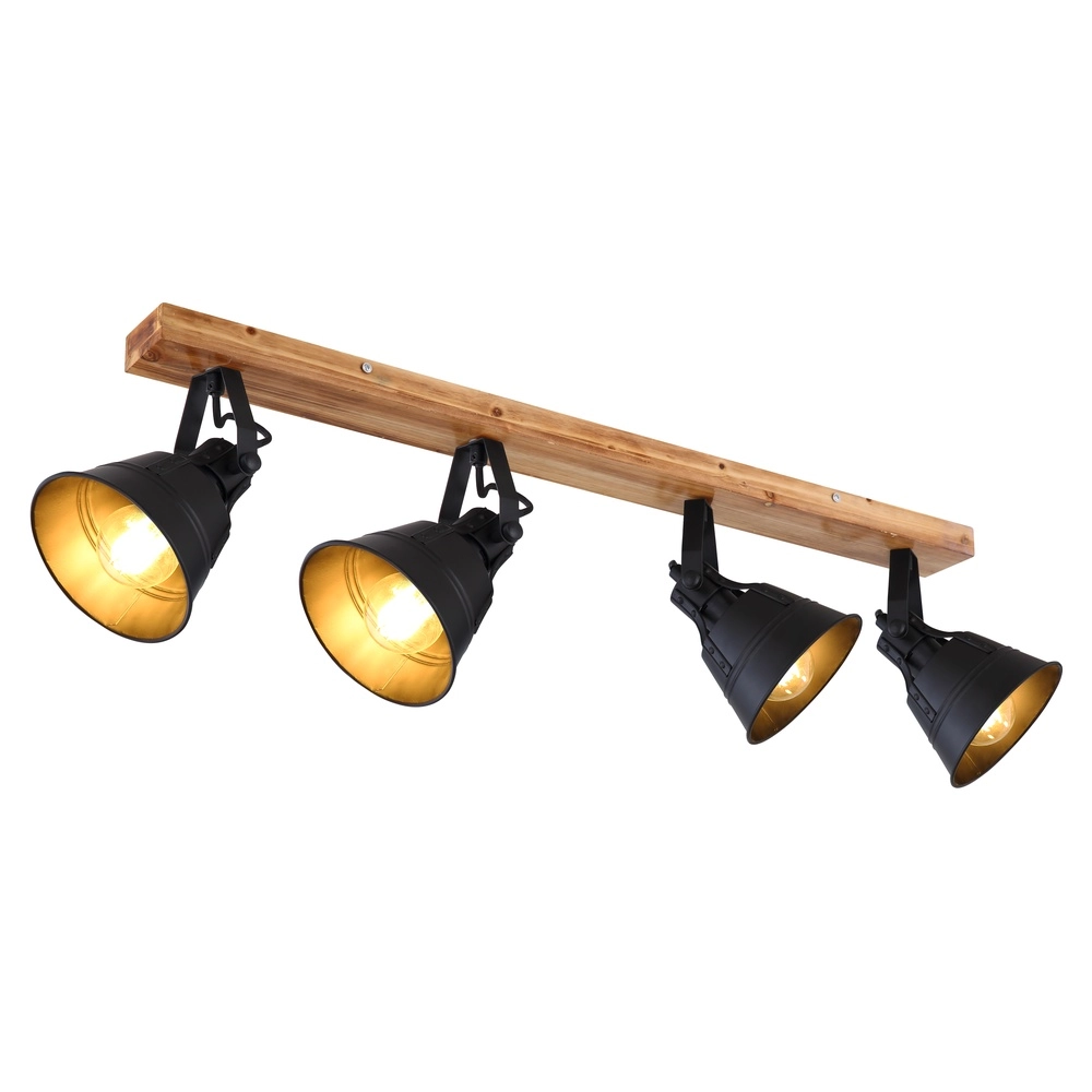 Landelijke plafondlamp Günther 4-lichts zwart met hout