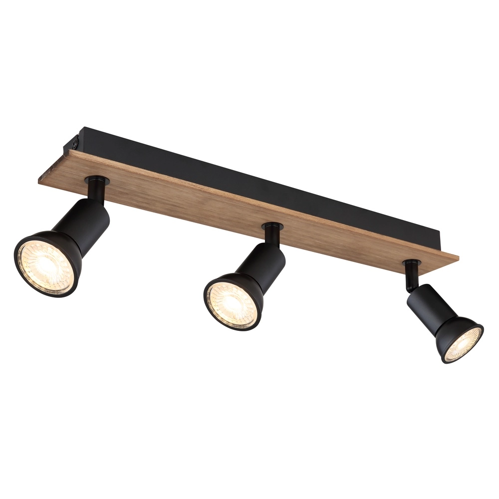 Plafondspot Drew zwart met hout 3-lichts