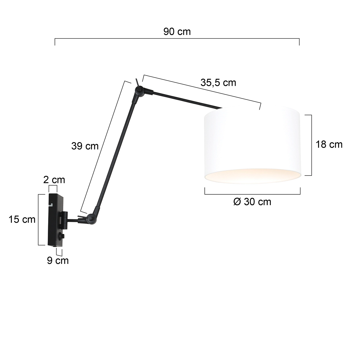 Wand Leeslamp Prestige Chic zwart met 30cm effen wit lampenkap Steinhauer 8712746145885
