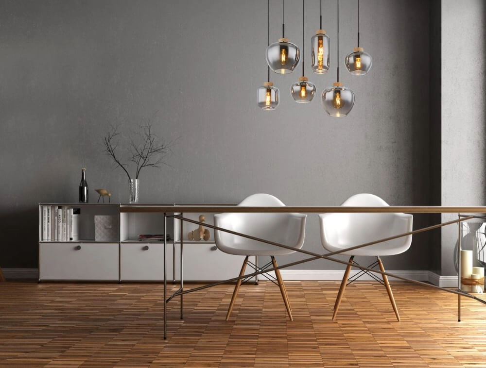 6-lichts hanglamp Matt zwart met hout Globo 9007371441518