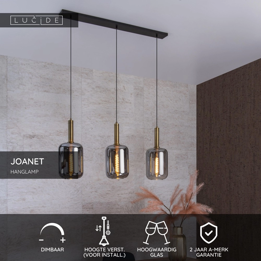3-lichs hanglamp Joanet recht goud met smoke glas Lucide 5411212451989
