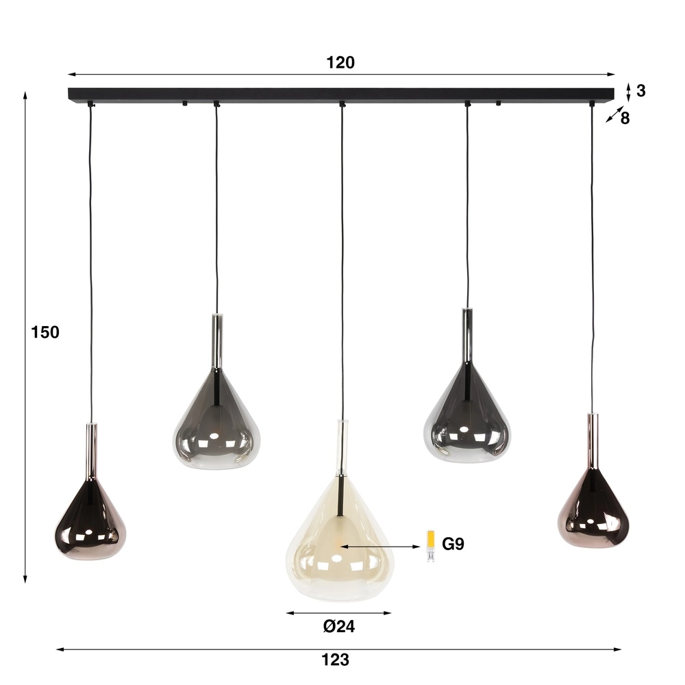 Eettafel hanglamp Wings 5-lichts - Ø 24cm glas Lyora 8716803511972