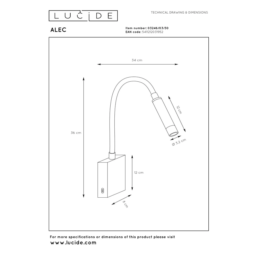 Bedlampje Alec zwart met USB poort Lucide 5411212031952