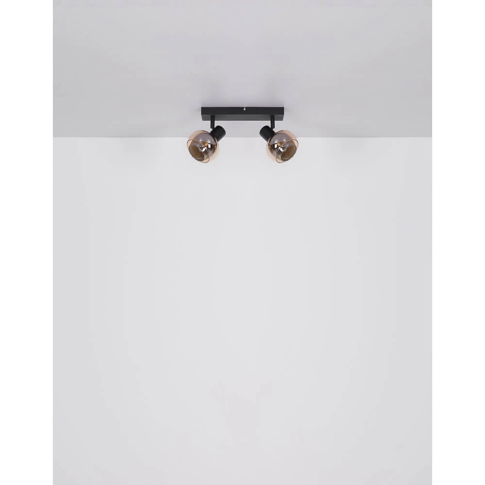 Zwarte plafondlamp Tokki 2-lichts amber smoke glas Globo 9007371455027