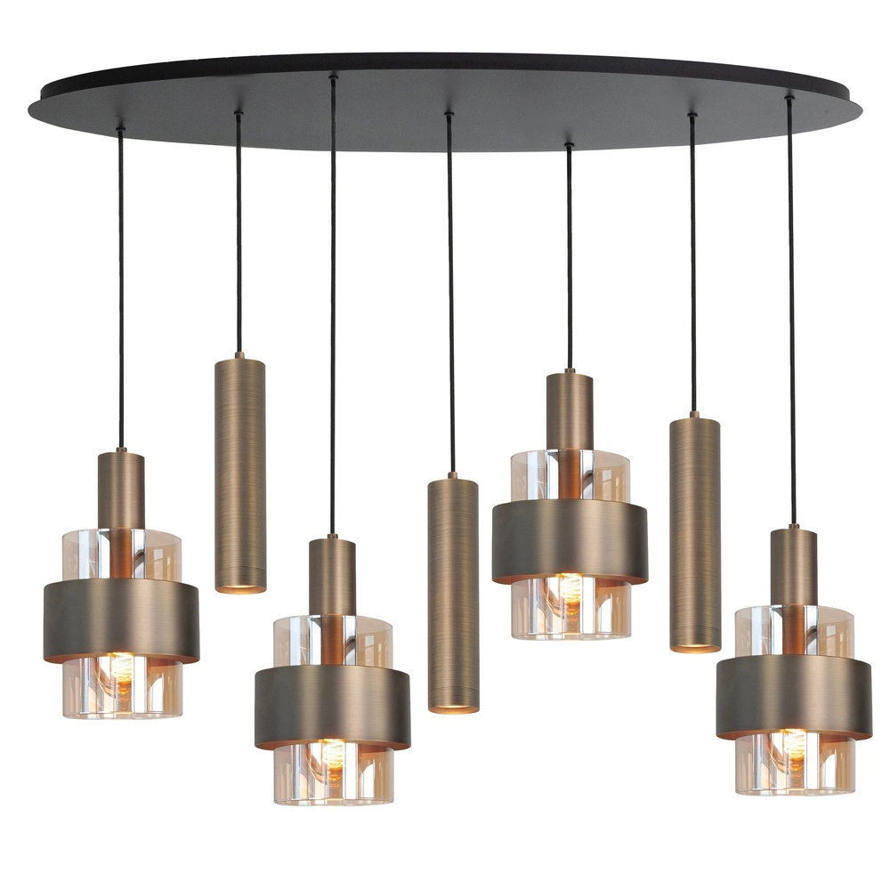 7-lichts hanglamp Marrone zwart met koper brons ovaal