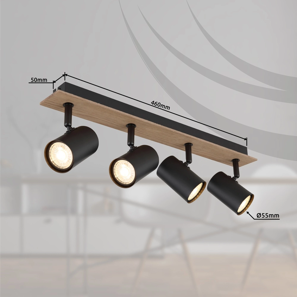 Plafondlamp Linca 4-lichts zwart met hout Globo 9007371458943