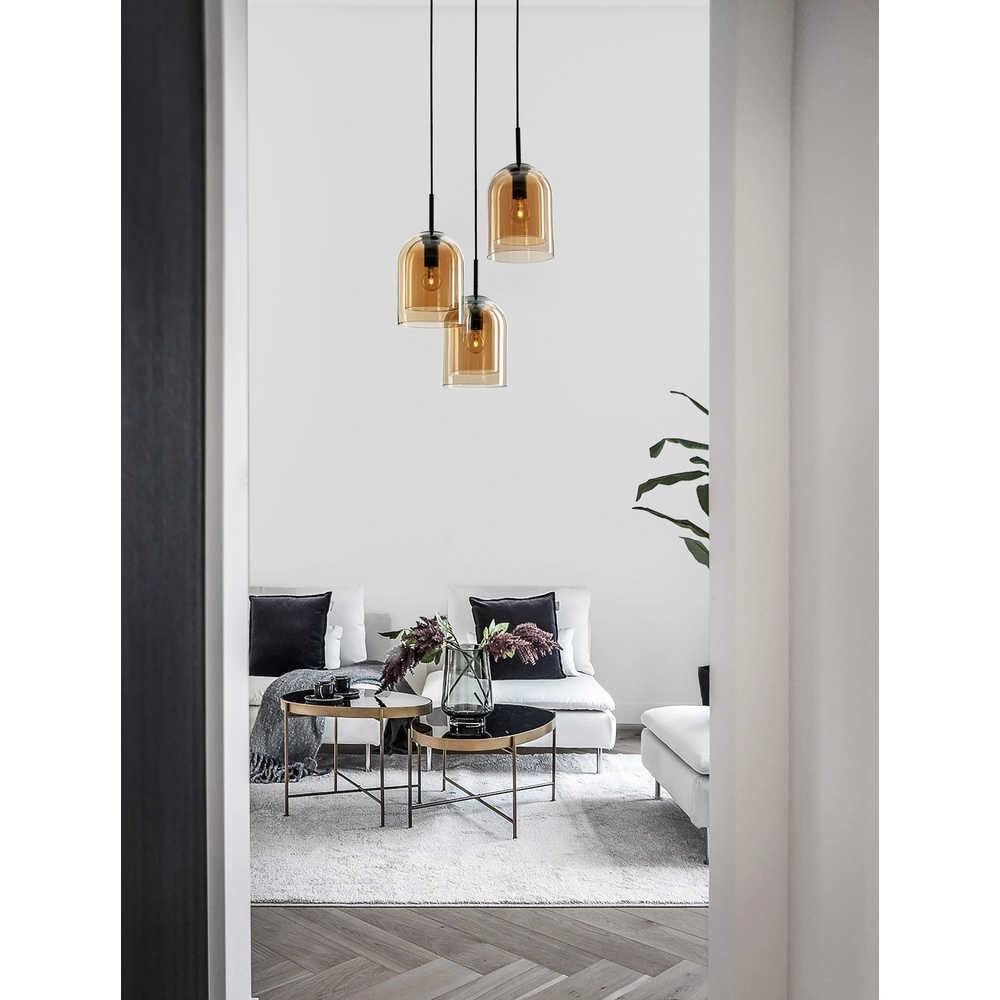 Hanglamp Velor 3-lichts zwart met amber glas rond Lyora 5212017431219