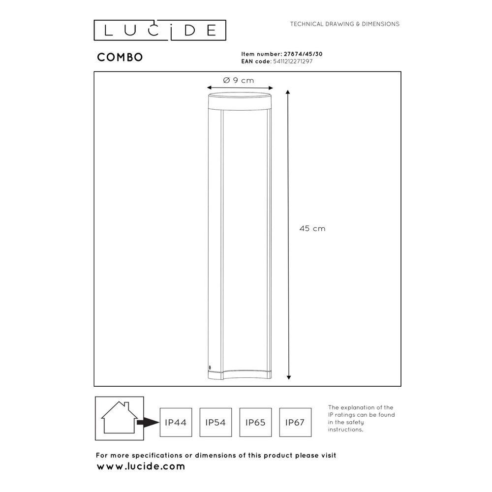 Design padverlichting Combo 45cm zwart Lucide 5411212271297