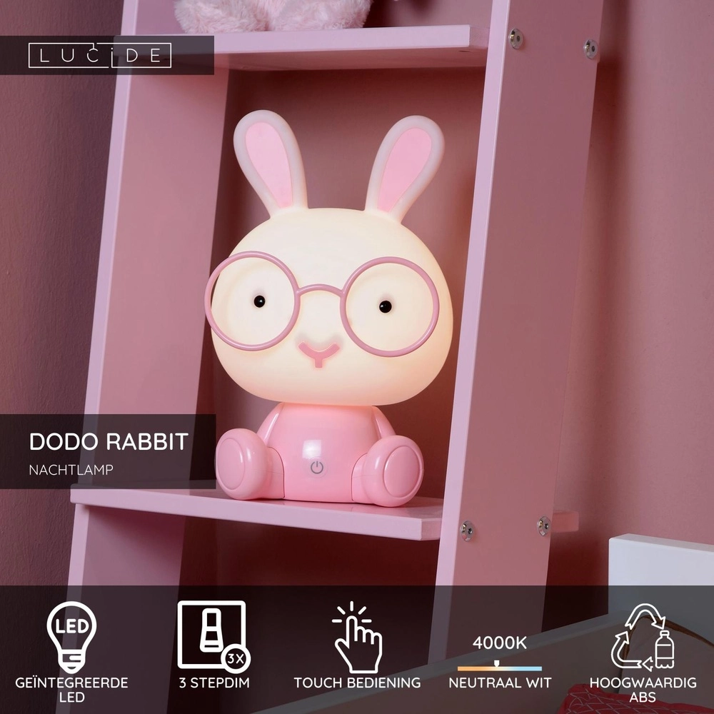 Nachtlampje Dodo Rabbit kinderkamer roze Lucide 5411212712745