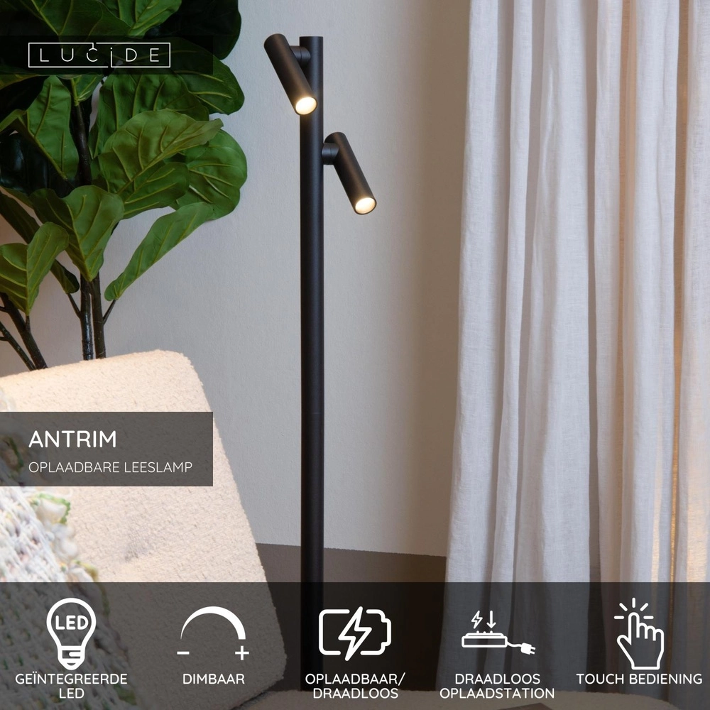 Oplaadbare leeslamp Antrim 2-lichts zwart IP54 Lucide 5411212272270