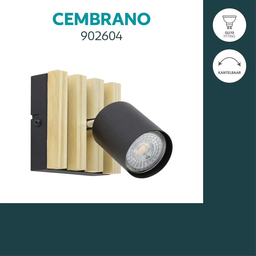 Moderne spot Cembrano enkel zwart met hout Eglo 9008606389049